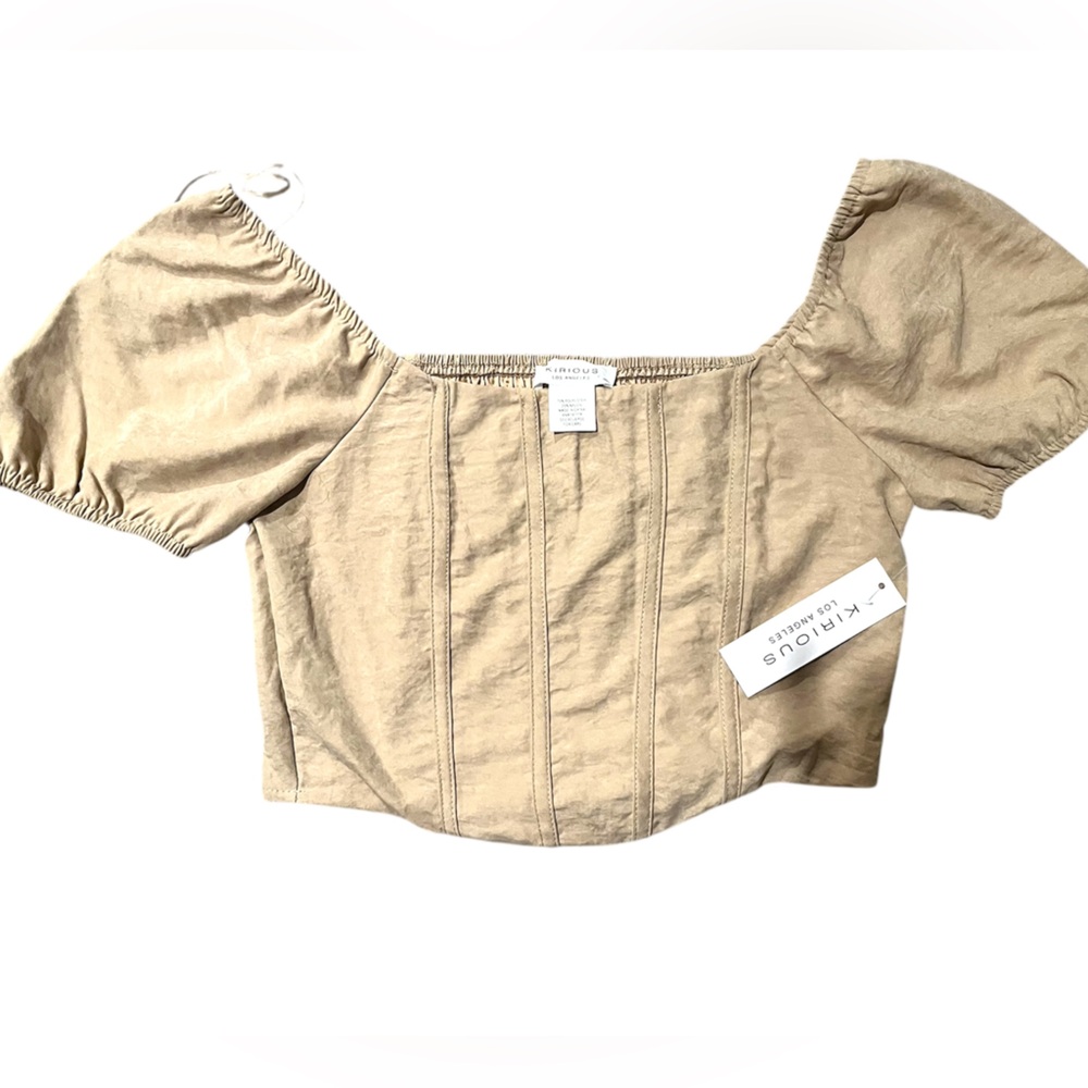 Kirious Faux Suede Look Beige Juniors S Crop Top Cap Sleeve Elastic Back Poly